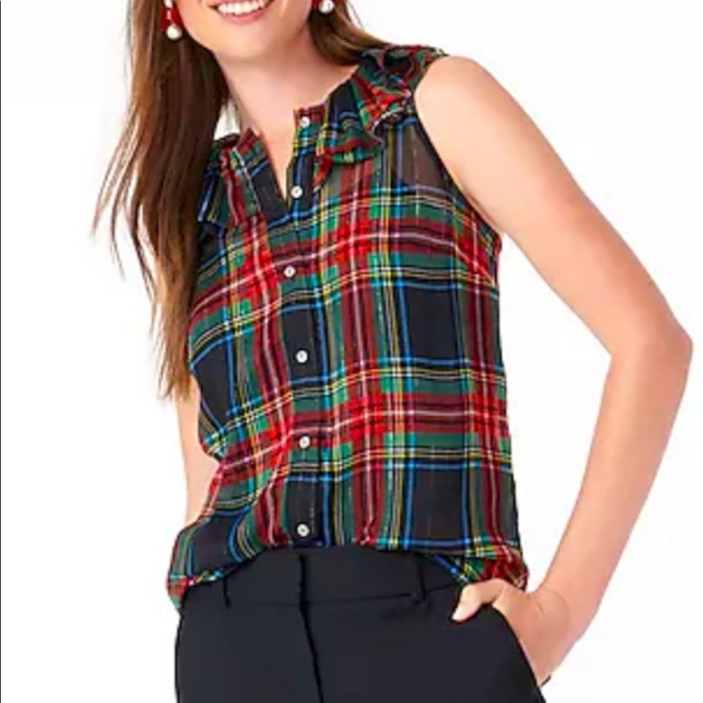 J. Crew Sleeveless Ruffle-Collar Top in Red Tartan Size Small NEW WITH TAGS